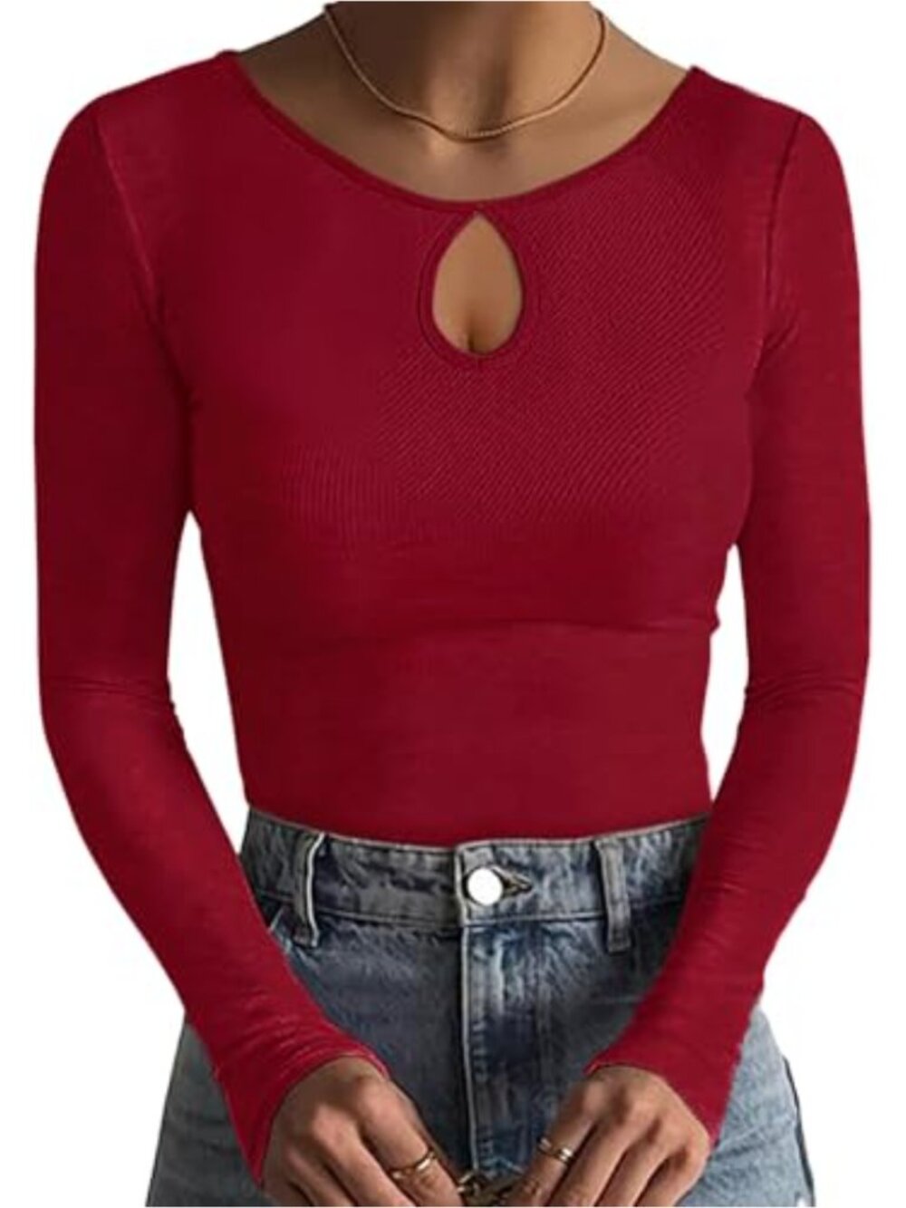 Ribbed Knit Long Sleeve Keyhole Neck T-Shirt Stretch Fit